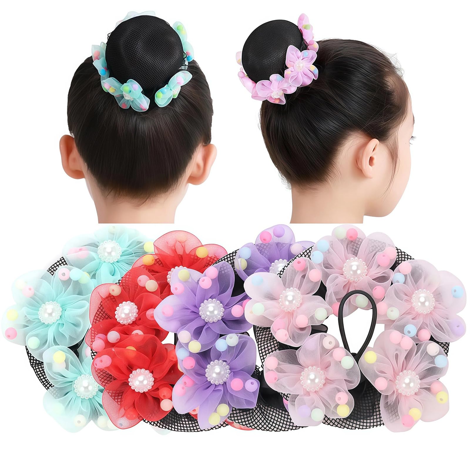 4Pcs Girls Ballet Bun Covers Dance Snood Hair Net Accessories for Dancers Skating Gymnastics Performance Dancers Hair Accessories (Color Random)