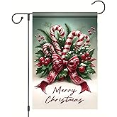 Starlit Patio Christmas Candy Cane Garden Flag 12x18 Inch Winter Red Bow and Berries Design Outdoor Holiday Yard Banner Double Sided Winter House Flag Festive Garden Decoration Seasonal Home Decor