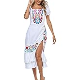 YZXDORWJ Mexican Dress for Women Boho Embroidered Sexy Ruffle Maxi Dress Short Sleeve Summer Beach Wedding Party Dress