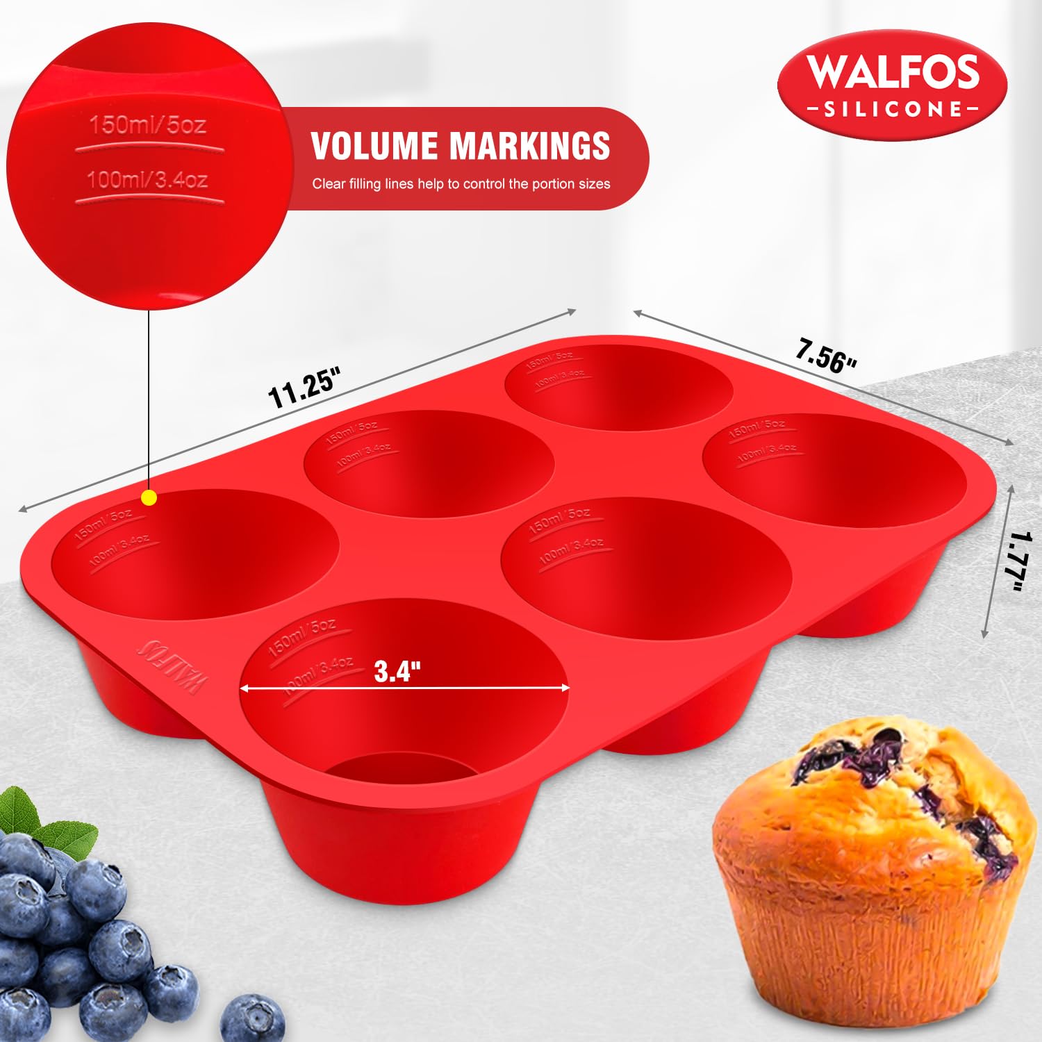 Walfos Silicone Texas Muffin Pan Set- 6 Cup Jumbo Silicone Cupcake Pan, Non-Stick, Just PoP Out! Perfect for Egg Muffin, Big Cupcake - BPA Free and Dishwasher Safe, Set of 2