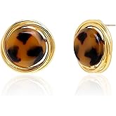 Jean Beau Gold Chunky Leopard Print Round Stud Earrings for Women, Trendy Brown Caramel Colored Circle Hypoallergenic Earing Jewelry Gift