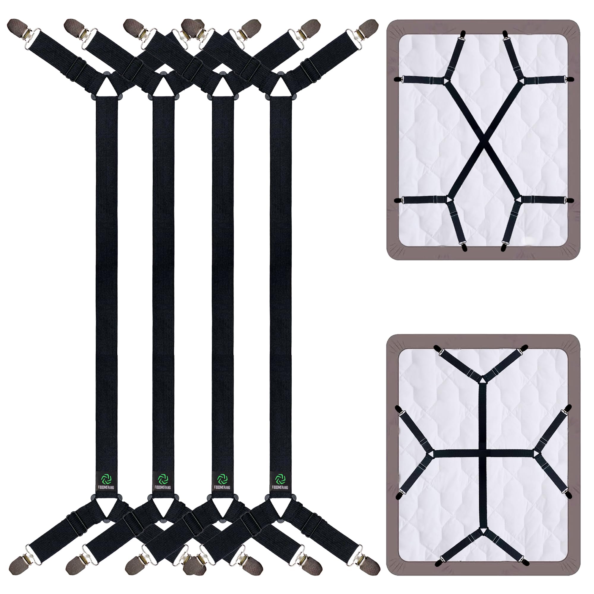 FIBOOMERANG Bed Sheet Clips - Crisscross Fitted Sheet Straps for Bedding, Sheet Grippers and Sheet Holder Elastic Bands Bedsheet Suspenders Fasteners, 4Pcs/Set Black
