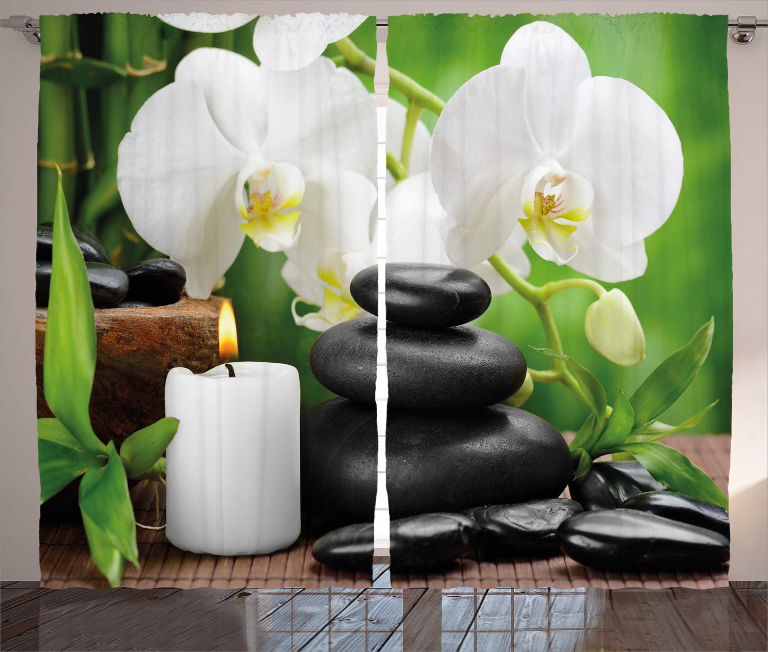 ABAKUHAUS Spa Curtains, Hot Massage Stones with Orchid Candles and Magnificent Nature Remedies, Living Room Bedroom Window Drapes 2 Panel Set, 280 x 260 cm, White Anthracite grey Green — image 1