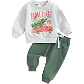 Okbabeha Christmas Baby Boy Outfit Toddler Sweatsuit Xmas Tree Truck Sweatshirt Jogger Pants 2Pcs Boys Winter Clothes Set (Xmas Truck-Green, 18-24 Months)