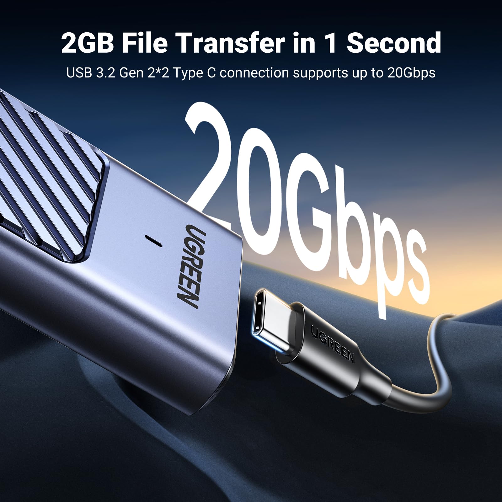 UGREEN 20Gbps NVME SATA SSD Gehäuse USB C 3.2 Gen 2x2, M.2 SSD Gehäuse für NVMe SSD und SATA von M-Key/ M+B Key in 2280/2242/2230/2260, kompatibel mit MacBook Pro 2024, HP 14pro, iPhone17 Promax, PS5 2