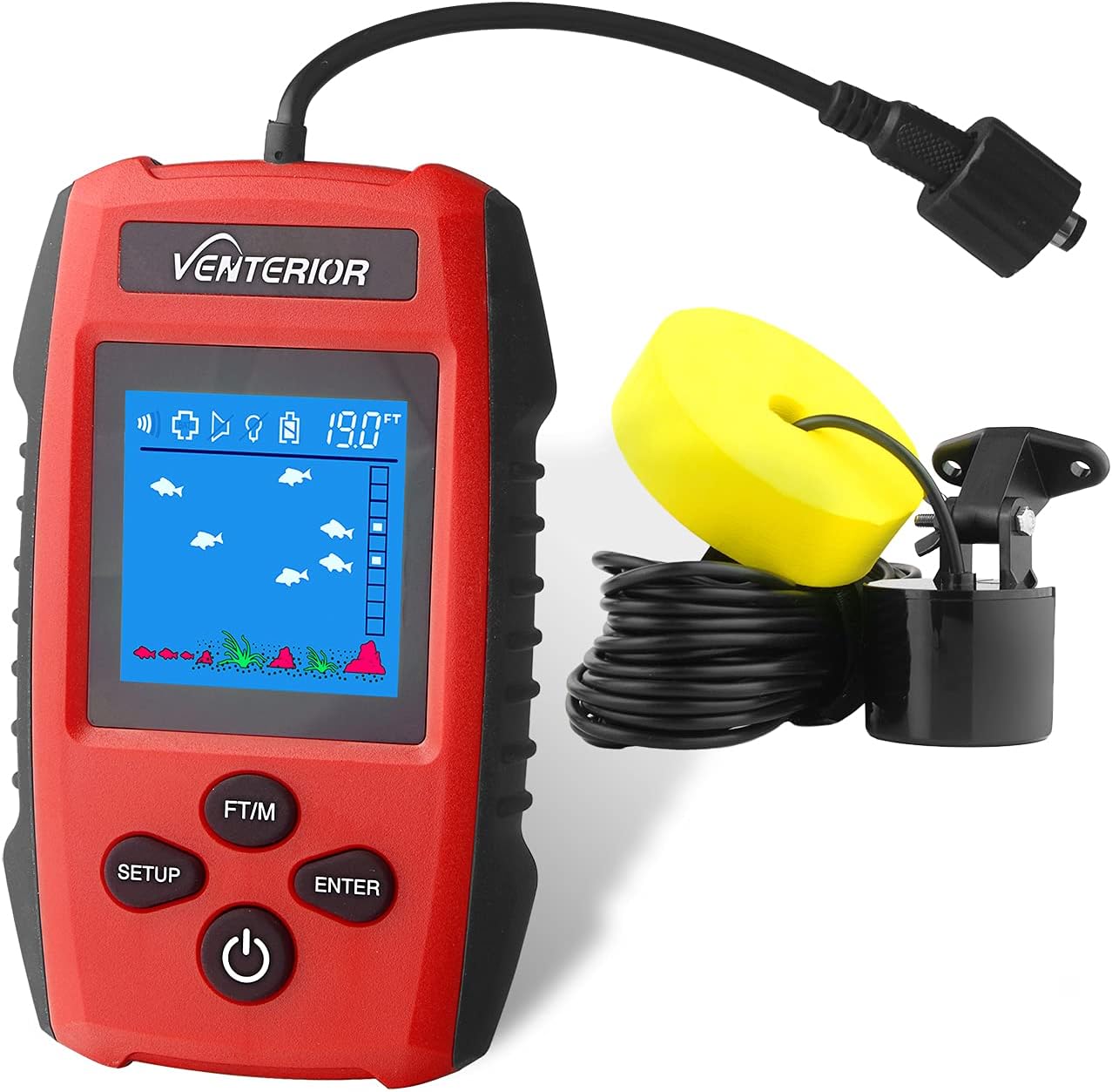 Venterior Portable Fish Finder Handheld Fishfinder Depth Finder Ice Kayak Fishing Gear with Sonar Transducer and LCD Display (Deep Red): GPS & Navigation