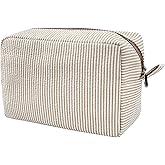 GFU Cosmetic Bags for Women, Seersucker Cosmetic Bag, Travel Toiletry Stripe Makeup Bag, Large Women Aesthetic Organizer Storage Pouch, Girls Handbags Purses, brown