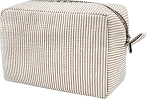 GFU Cosmetic Bags for Women, Seersucker Cosmetic Bag, Travel Toiletry Stripe Makeup Bag, Large Women Aesthetic Organizer Storage Pouch, Girls Handbags Purses, brown