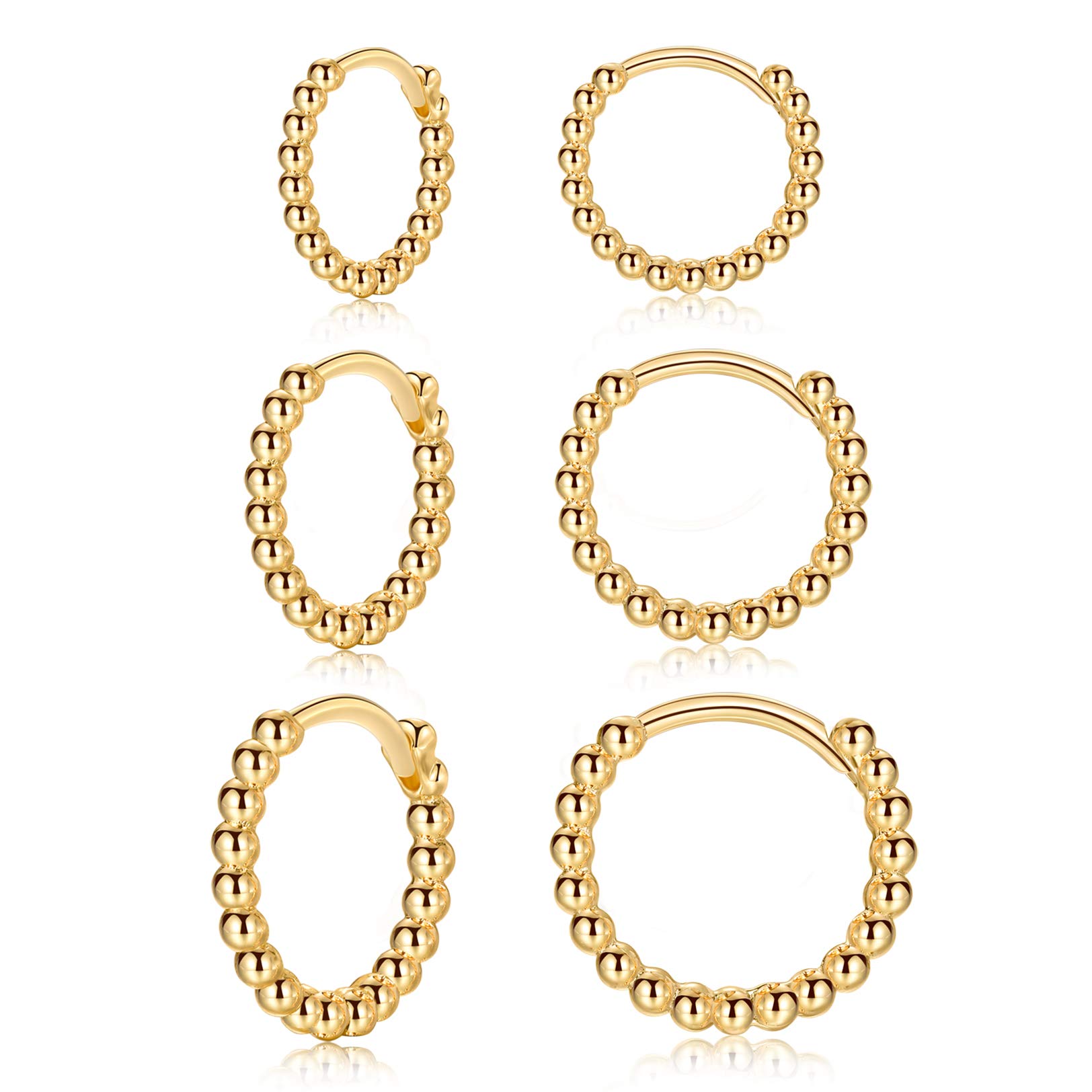 Gold Hoops Earrings for Women| 3 Pairs Small Sterling Silver Post Beaded Huggie Earrings| Hypoallergenic Tiny Cartilage Sleeper Cuff Jewelry for Men Ladies Girls, 8mm 10mm 12mm