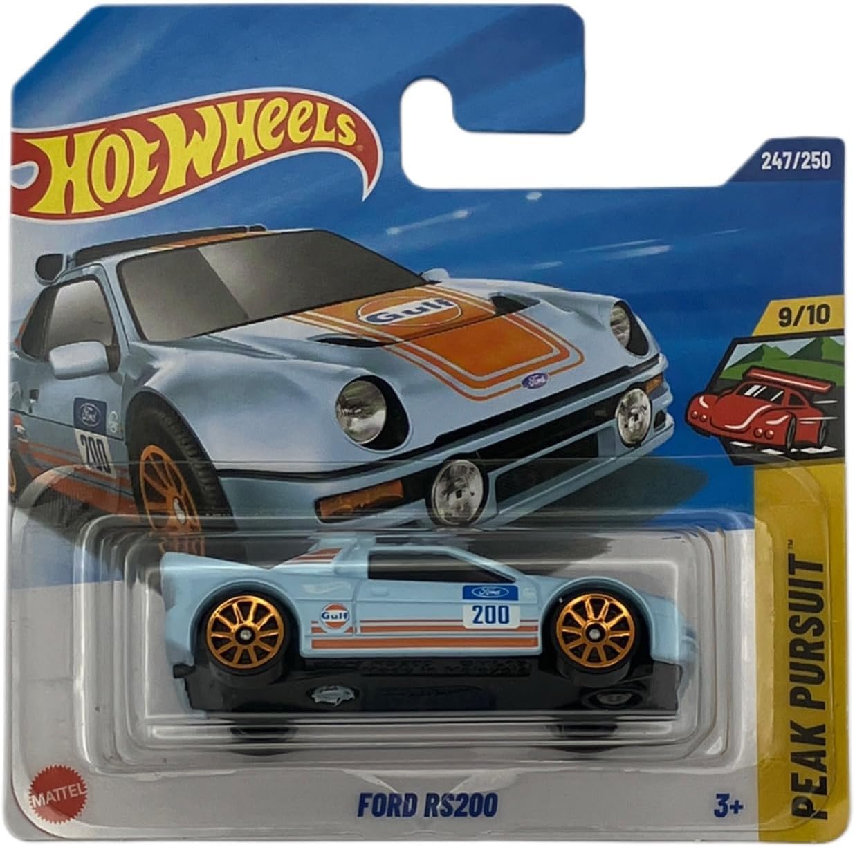Hot Wheels - Ford RS200 - Peak Pursuit 9/10 - JBB49 - Short Card - Gulf Lacquer - Mattel 2025 - Officially Licensed Ford Model in Retro Rally Design in 1:64 Scale