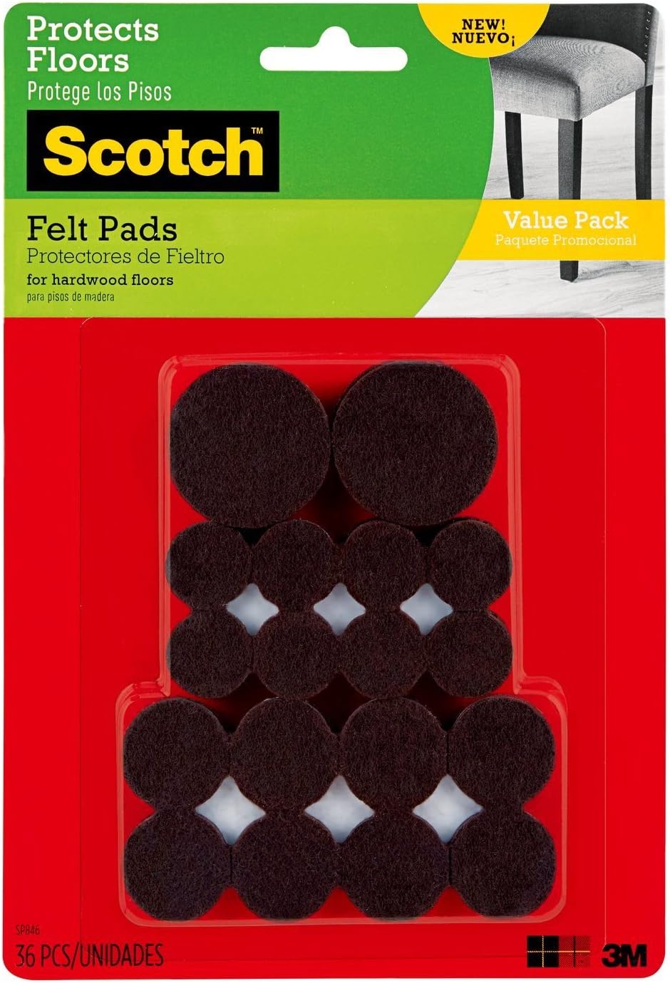 Scotch Felt Furniture Pads Value Pack, 36 Round Felt Pads for Hardwood Floors, Assorted Sizes