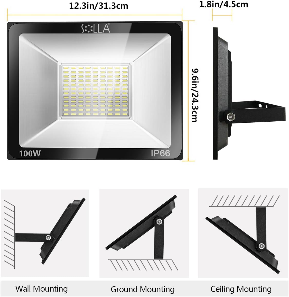 SOLLA 100W LED Flood Light, IP66 Waterproof, 8000lm, 550W Equivalent, Super Bright Outdoor Security Lights, 3000K Warm White, Outdoor Floodlight for Garage, Garden, Lawn and Yard - - 