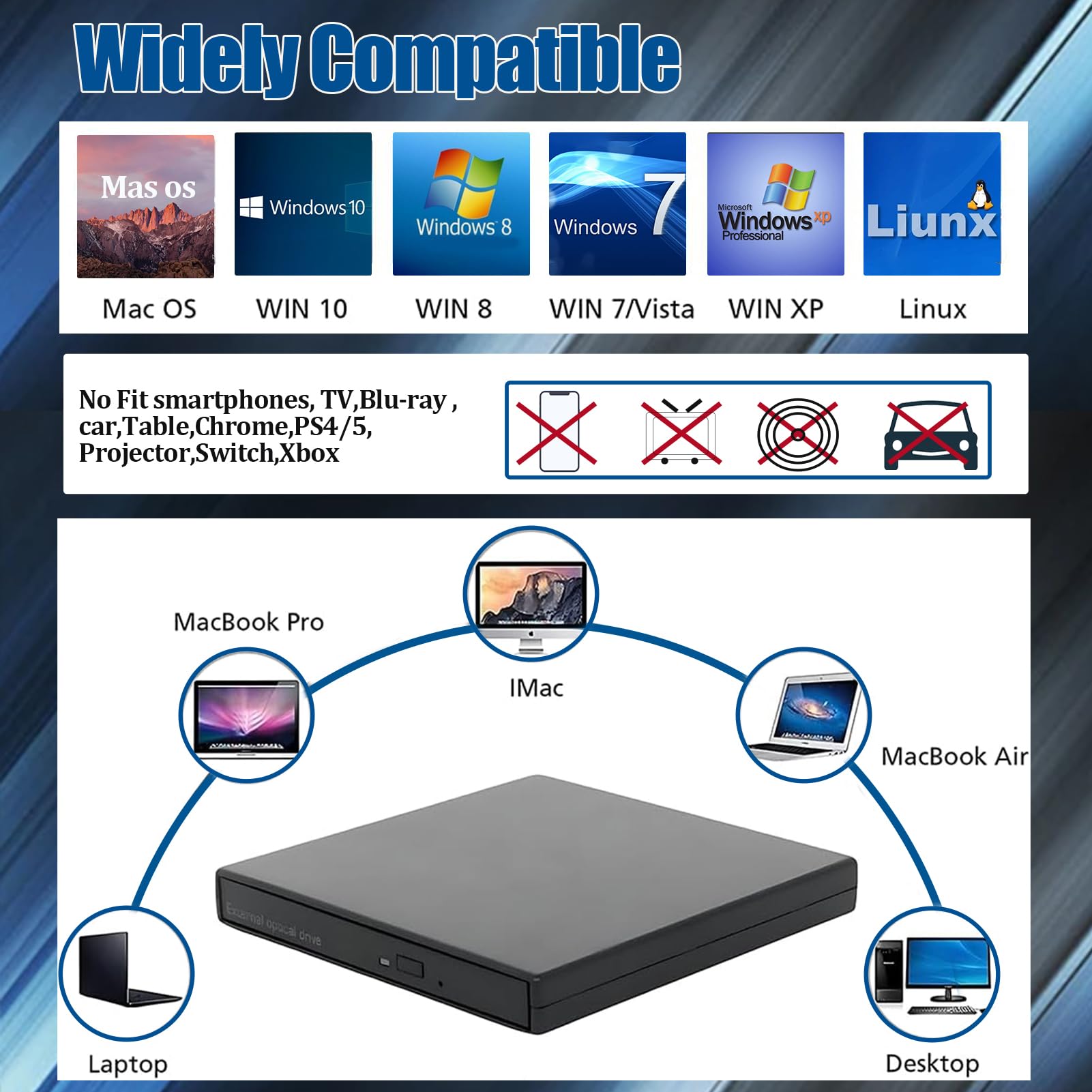 External CD/DVD Drive for Laptop PC,USB Silm Portable CD Burner +/-RW DVD ROM Player Reader Writer Optical Disc Drive for Laptop Desktop PC Windows 11/10/8/7 Linux OS Mac Macbook（with Type-C adapter）