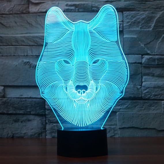 Wolf Kopf Tier 3D Lampe Optische LED Täuschung Nachtlicht,HAIYU 7 Farbwech mit Acryl Flat & ABS Base & USB-Ladegerät ändern B