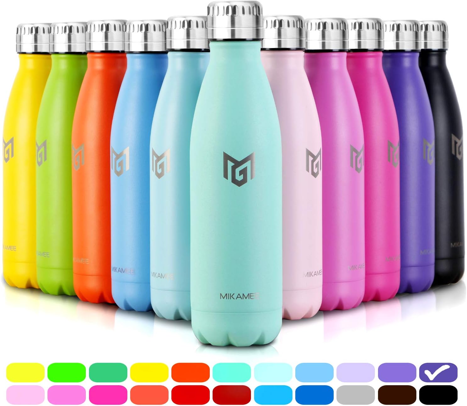 MIKAMEE Insulated Water Bottles 350ml 500ml 650ml 750ml Metal Water Bottle Bpa Free Leakproof Keep Cold 24 Hrs & 12 Hrs Hot for kids Men Women & Children School| Sports Running Yoga Gym