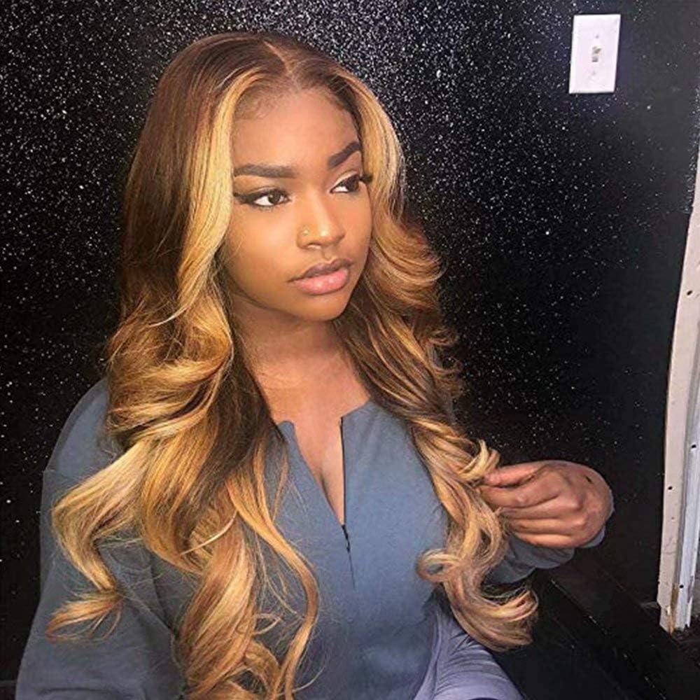 QUINLUX WIGS 150% Density Body Wave Lace Front Human Hair Wigs Ombre Color #4T27 Glueless Brazilian Human Hair Front Lace Wig With Highlight (20 Inch, 4/27 Color)