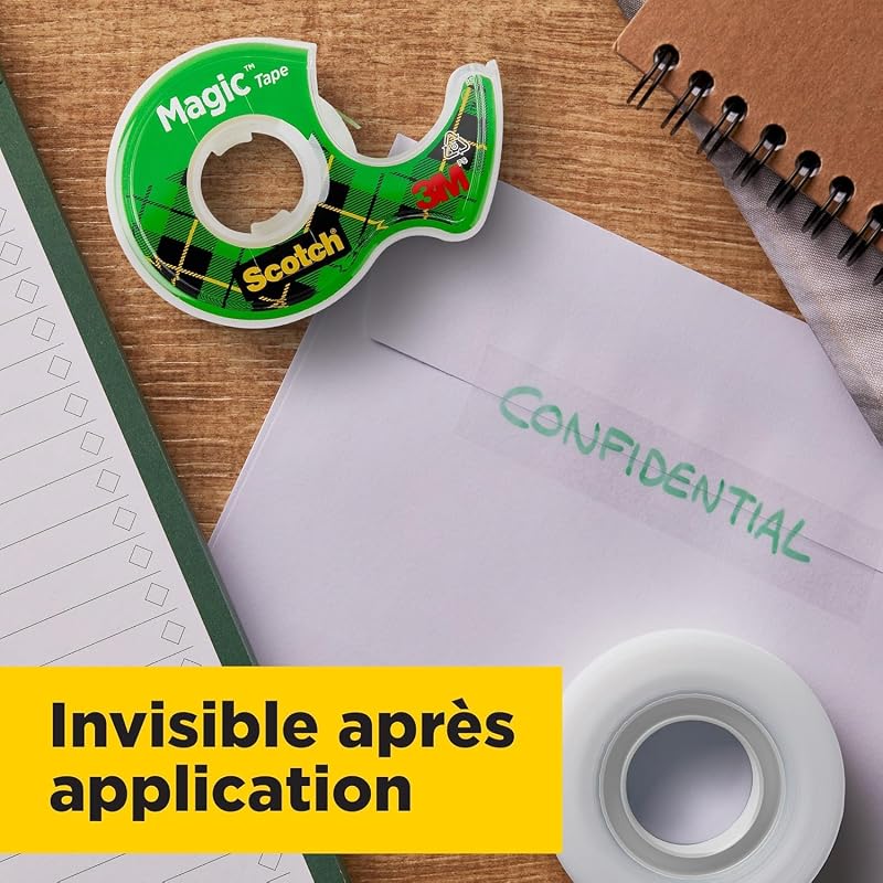 Magic Tape, Rouleaux de Ruban Adhésif Transparent avec Dévidoir, Lot de 3, Ruban de 19mm x 7.5m - Idéal pour le Bureau et l'École