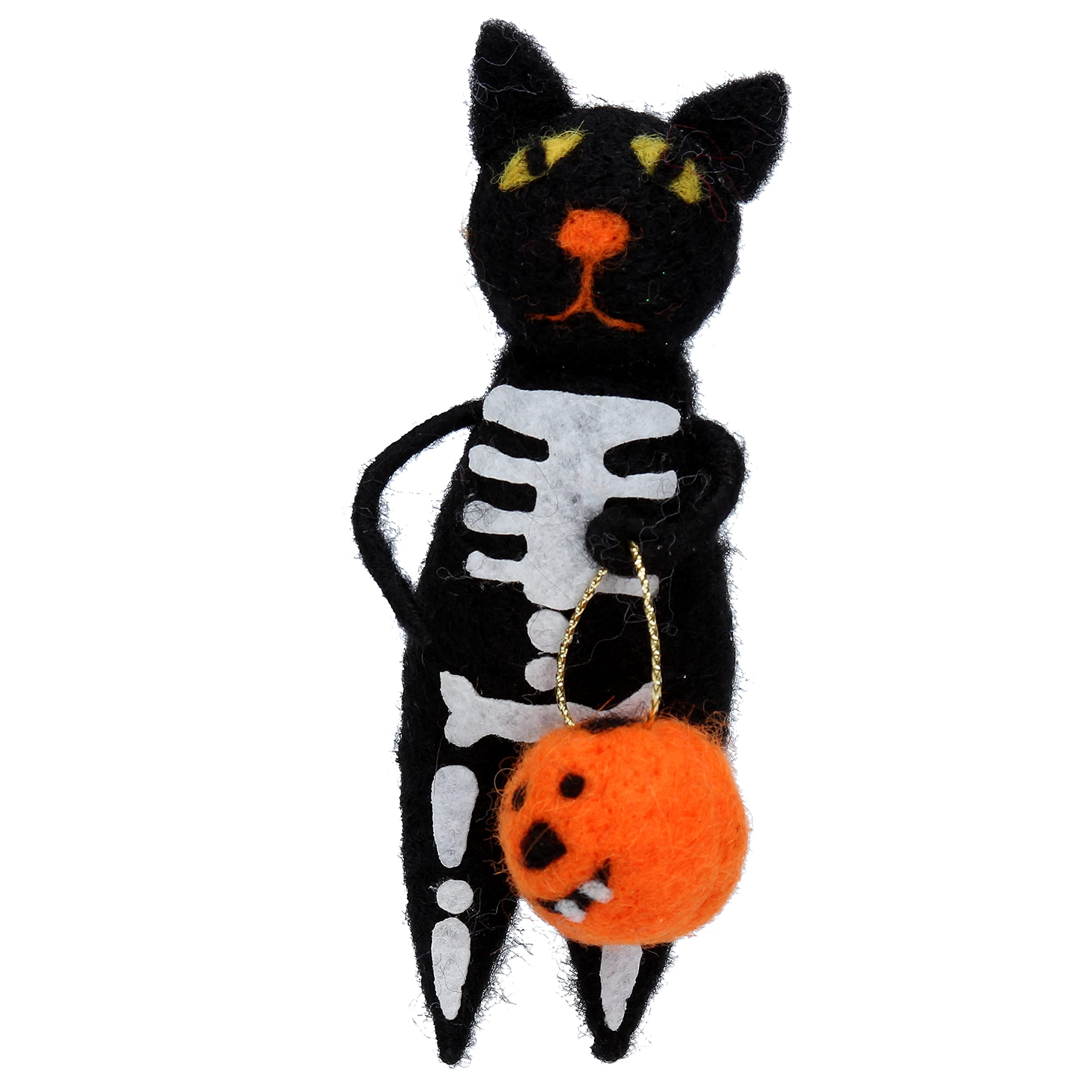 Gisela Graham Wool Skeleton Cat with Pumpkin Decoration