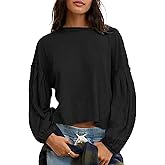 HOWALOOK Womens Puff Sleeve Crewneck T-Shirt Relaxed Cropped Tshirts Loose Fit Pullover Tops Lounge Tee Shirt