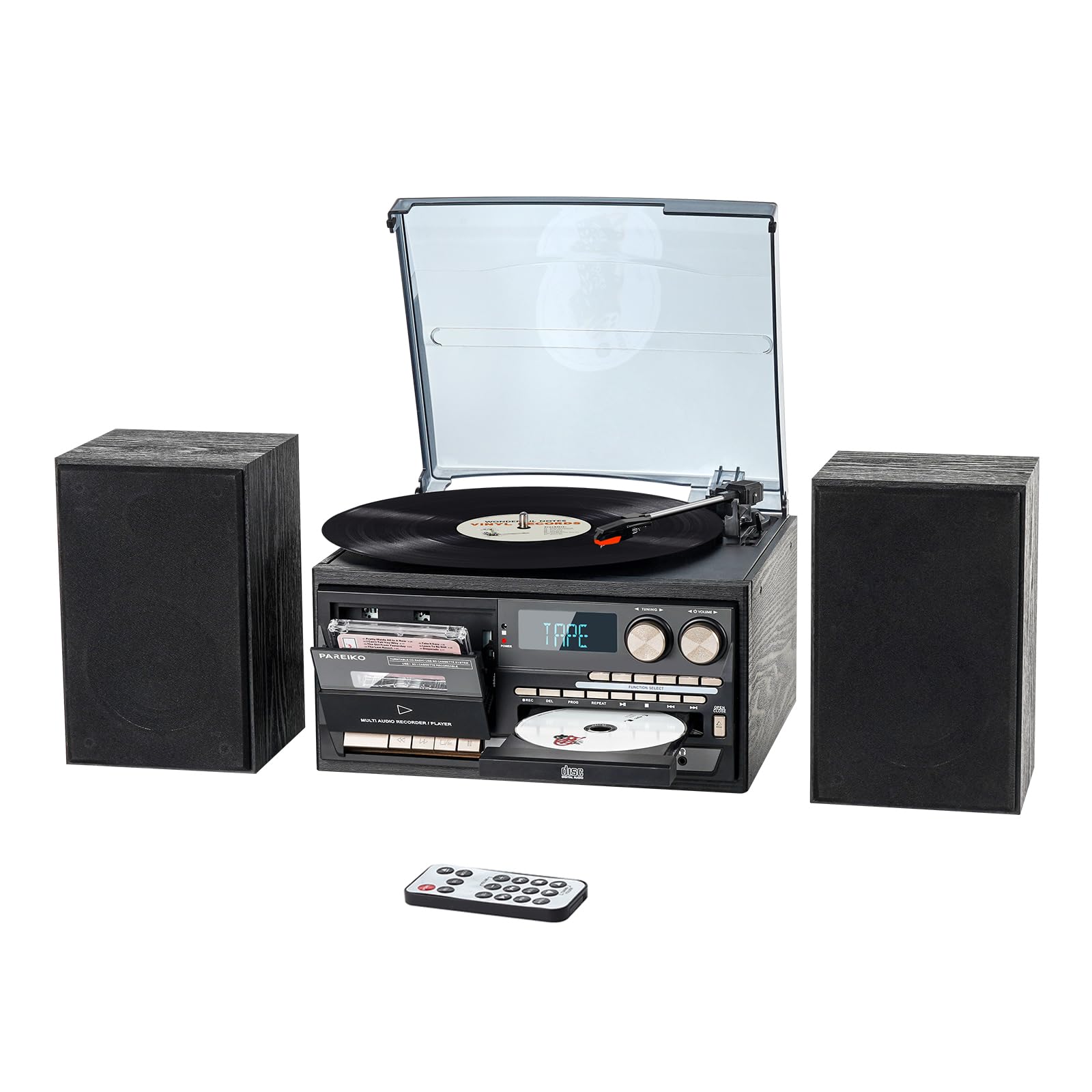 Photo 1 of 10 in 1 Vintage Record Player, 3 Speed Turntable with 2 External Speakers, Wireless Bluetooth, CD Cassette Player, USB SD MMC, AM FM Radio with Remote Control