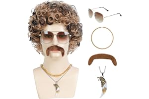 Parceria 70s 80s Disco Wig 6 Pcs Set, Short Curly Afro Wigs for Men, Vintage Natural Fluffy Synthetic Wig for Disco Costume Party Hippies Rocker Cosplay Costume (Blonde Mixed Brown)