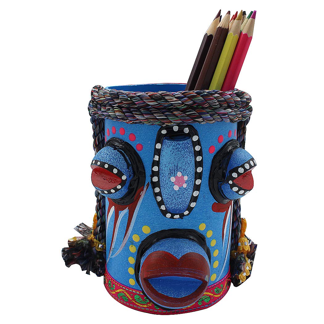 SIPLIV Creative Handmade Pen Holder Ethnic Style Painted Pen Holder for Pen Collection Desk Supplies Organizer Gift for Desk Office Classroom Home, Blue