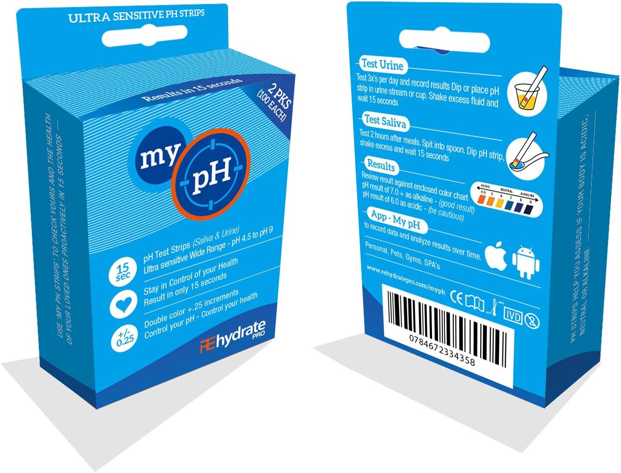 Rehydrate Pro 200 Strip Urine Saliva pH Test Strips to Monitor Alkalinity Acidity and Health. Results in 10 Seconds. Indicates pH Scale 4.5-9.0. Free App to Help Educate, Record and Monitor