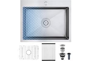 OUGOO 20x16 Inch Drop in Kitchen Sink, 304 Stainless Steel Kitchen Sink with a Hexagonal Pattern, 9" Deep Single Bowl, for Modern Kitchen/Bar Sink (Includes Strainer,Bottom Grid & Roll-up Rack)