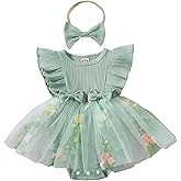 Hnyenmcko Newborn Baby Girl Summer Romper Dress Infant Fly Sleeve Flower Embroidery Mesh Tulle Skirt Hem Ribbed Bodysuit