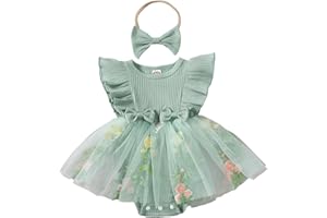 Hnyenmcko Newborn Baby Girl Summer Romper Dress Infant Fly Sleeve Flower Embroidery Mesh Tulle Skirt Hem Ribbed Bodysuit