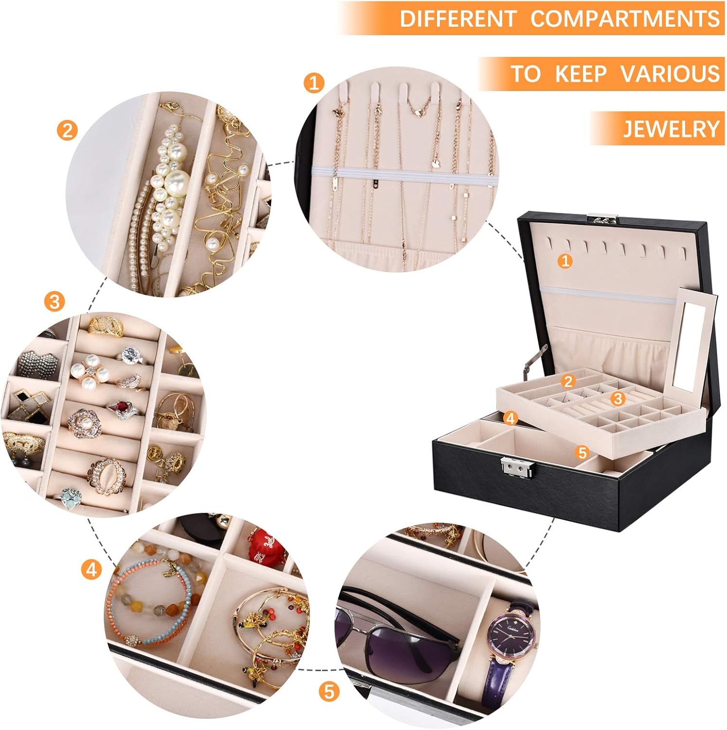 Womens Jewelry Boxes Jewelry Organizer Box with Coded Lock, Black Large Jewelry Storage Box for Women Girls Two Layers 36 Compartments, Jewelry Holder Bracelets Necklaces Earrings Organizer: Home Improvement