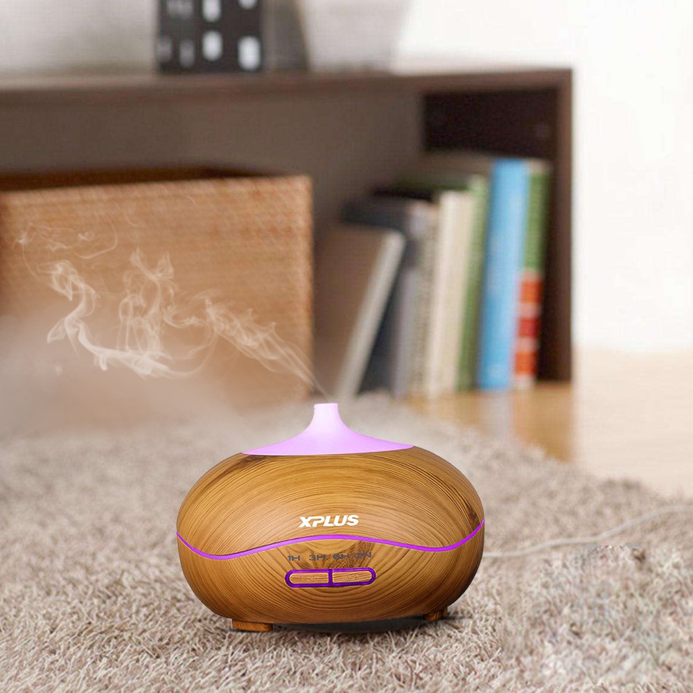 XPLUS 300ml Aroma Essential Oil Diffuser, Wave Design Wood Grain Ultrasonic Cool Mist Humidifier for Office Home Bedroom Living Room Study Yoga Spa Black (Wood)