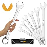 GRENPRO 7PC SAE Large Wrench Set Combination Open End Wrench Big Wrenches | Includes 15/16" 1" 1-1/16" 1-1/8" 1-3/16" 1-1/4" Long Wrenches, 15&deg; Offset 12pt Box End, Roll-Up Pouch &amp; Gauge, CR-V Steel