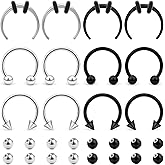 Dyknasz 12Pcs Septum Rings 16g & 14g - Surgical Steel Septum Jewelry - Horseshoe Barbell & Hoops for Women & Men - 16Pcs Extra Replacement Balls