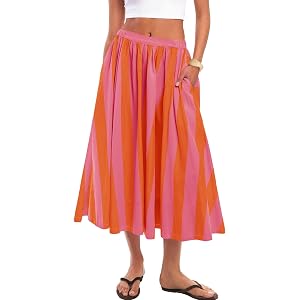 Panadila Women Striped Midi Skirt High Waisted Summer Skirt | Pleated A Line Design, Elastic Waistband and Side Pockets, Ligh