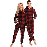 SWOMOG Couples One Piece Pajamas Sets Christmas Men & Women Fleece Winter Loungewear Zip-Up Jumpsuit with Pockets Pjs