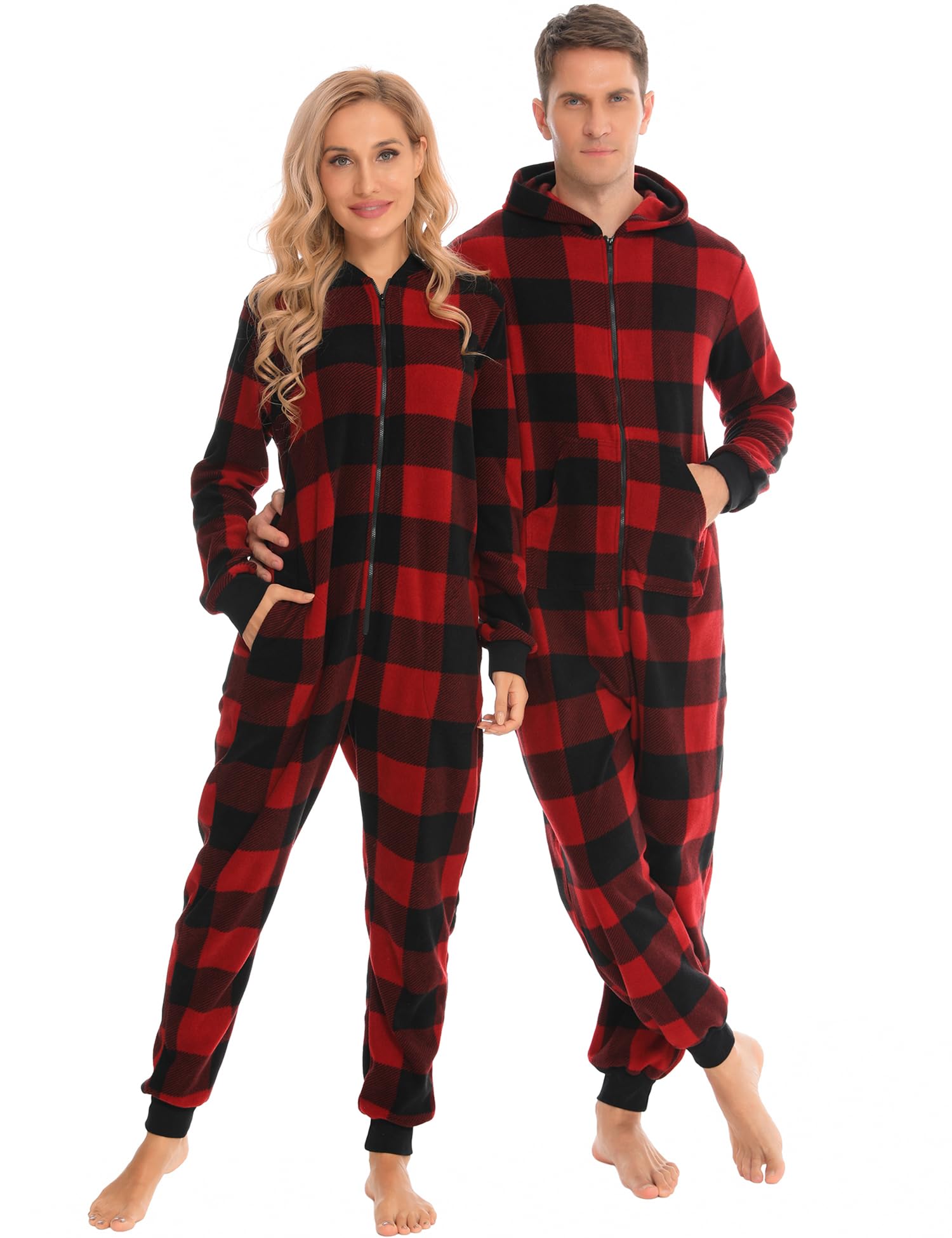 Photo 1 of *USED*
SWOMOG Couples Christmas One Piece Pajamas Sets Women & Men Fleece Winter Loungewear Zip-Up Jumpsuit with Pockets Pjs Men Black and Red Plaid Large