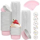 100 Pack Aluminum Foil Cuapcake Baking Cups w Lids Spoons and Stickers for Wedding Party, 5oz Mini Cake Pans Disposable Ramekins Muffin Cups Holder Cheesecake Containers for Birthday