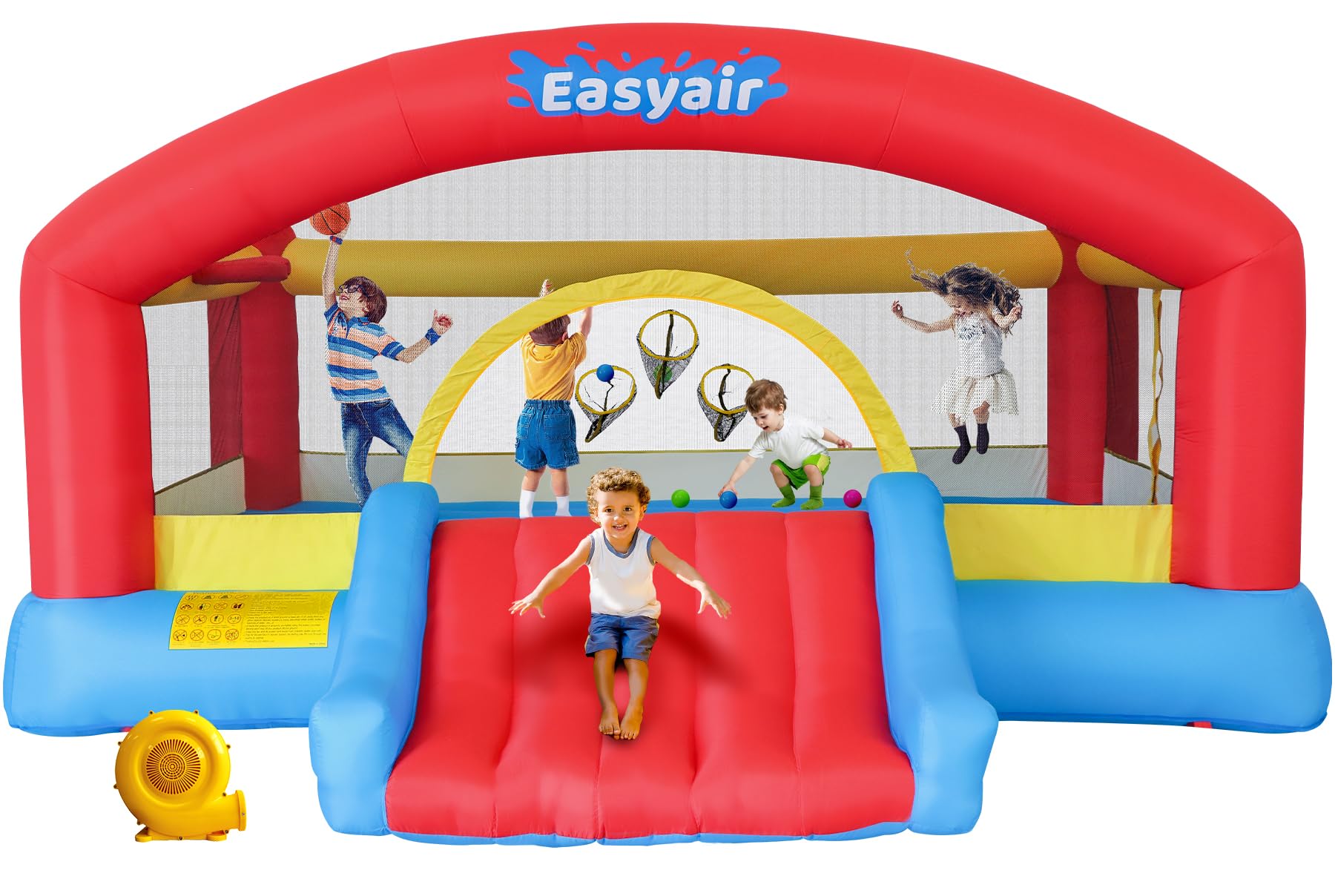 Photo 1 of Easyair Inflatable Bounce House for Kids, 14.3 x 12.5 FT Bouncy Castle Jumper Slide with 520W Blower, Basketball Hoop, Throwing Ball Game, Ball Pits, Red
