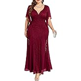 TIARALY Plus Size Wedding Guest Dress Chiffon Lace Evening Gown with Handkerchief Sleeves Cocktail Party Maxi Dress