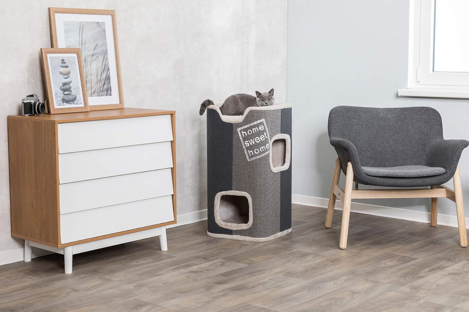 TRIXIE Modern scratching tower for cats ""Cat Tower Jorge, 38 x 38 x 78 cm, anthracite/light grey/grey, 44957, plush, sisal, claw care - Image 4