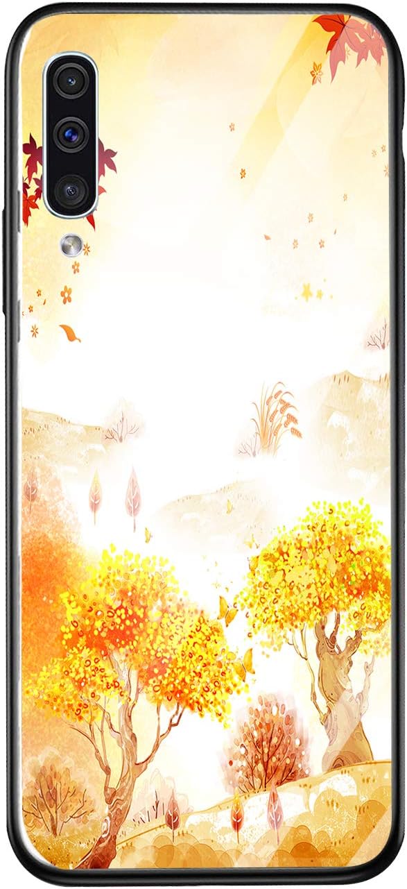 MATOP Compatible with Samsung Galaxy A70 / A70S Case,Slim Thin Marble Autumn Pattern Design Anti-Yellow 9H Tempered Glass Back Cover with Soft TPU Silicone Bumper Shockproof Protective Case -Tree 2