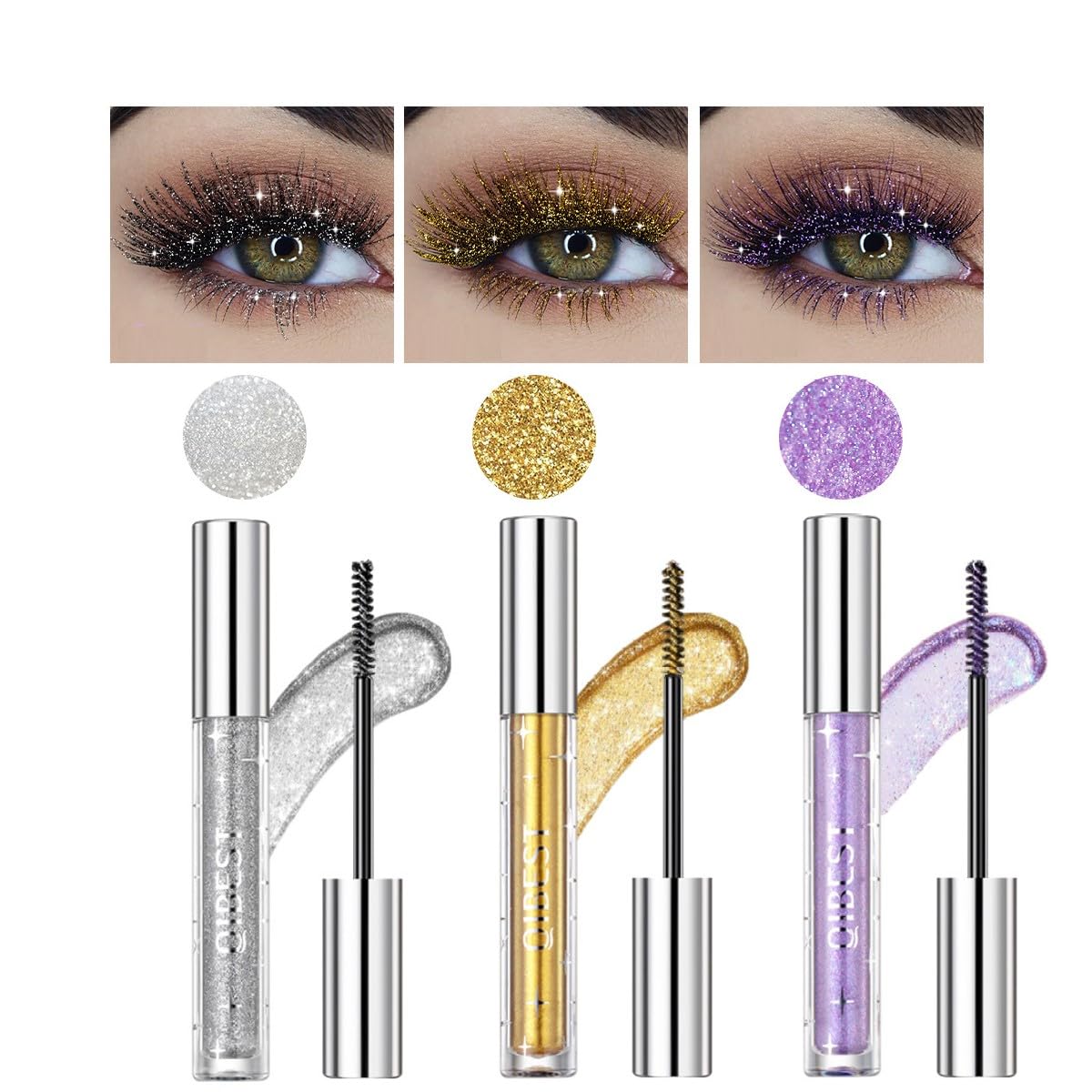 KARLOR Glitter Mascara, 3 Pcs colorful Mascara waterproof for eyelashes silver golden purple shimmery eyelashes colored Mascaras shiny glittery festival carnival Eye make-up