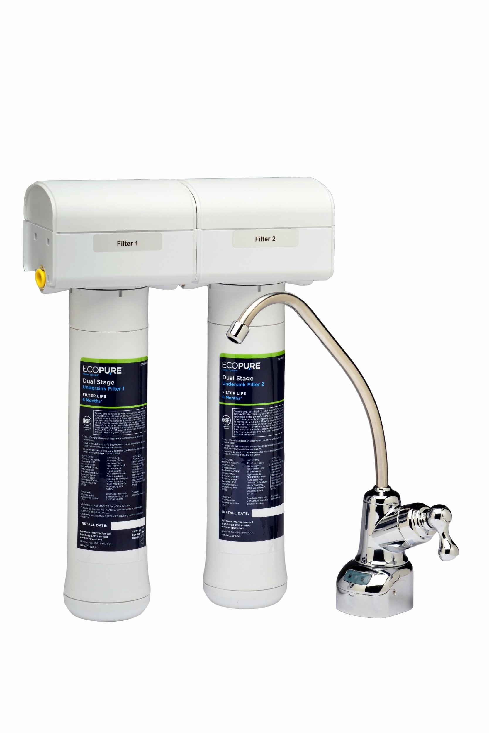 EcoPure Dual Stage Under Sink Replacement Water Set (ECODWF) | NSF Certified | Fits ECOP20 System | 6-Month Filter Life, 2 Count (Pack of 1)
