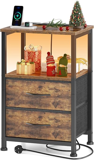 Yornoli Bedside Table with Charging Station 40cm Wide Rustic Brown ET08-RBA