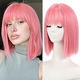 Allbell Pink Bob Wigs for Women Short Wig with Bangs Heat Resistant Synthetic Hair 12 inch for Daily Party Halloween Costume Use