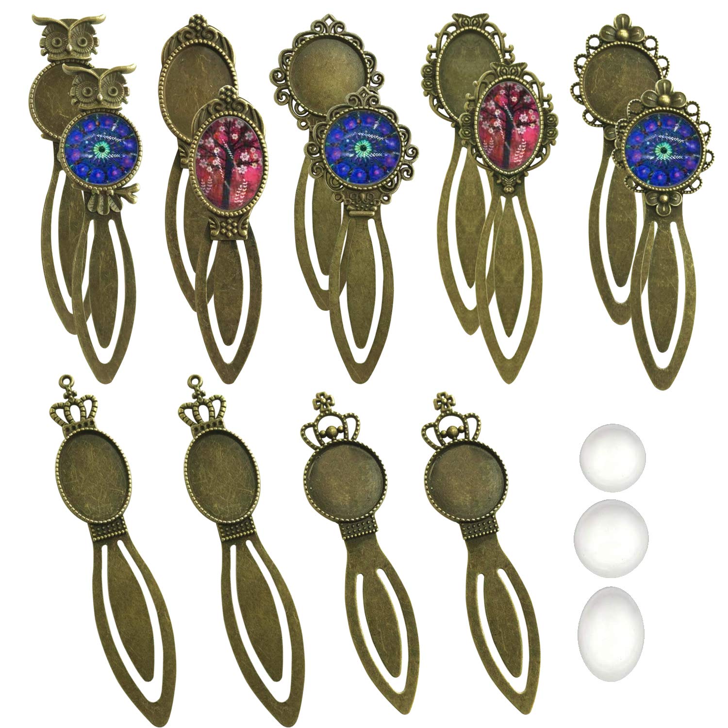 Allazone 14 PCS 7 Styles Antique Bronze Bookmark Pendant Tray Kit with 14 PCS Glass Dome Tiles Clear Cameo for Bookmark DIY Making, Reading Lovers, Necklace