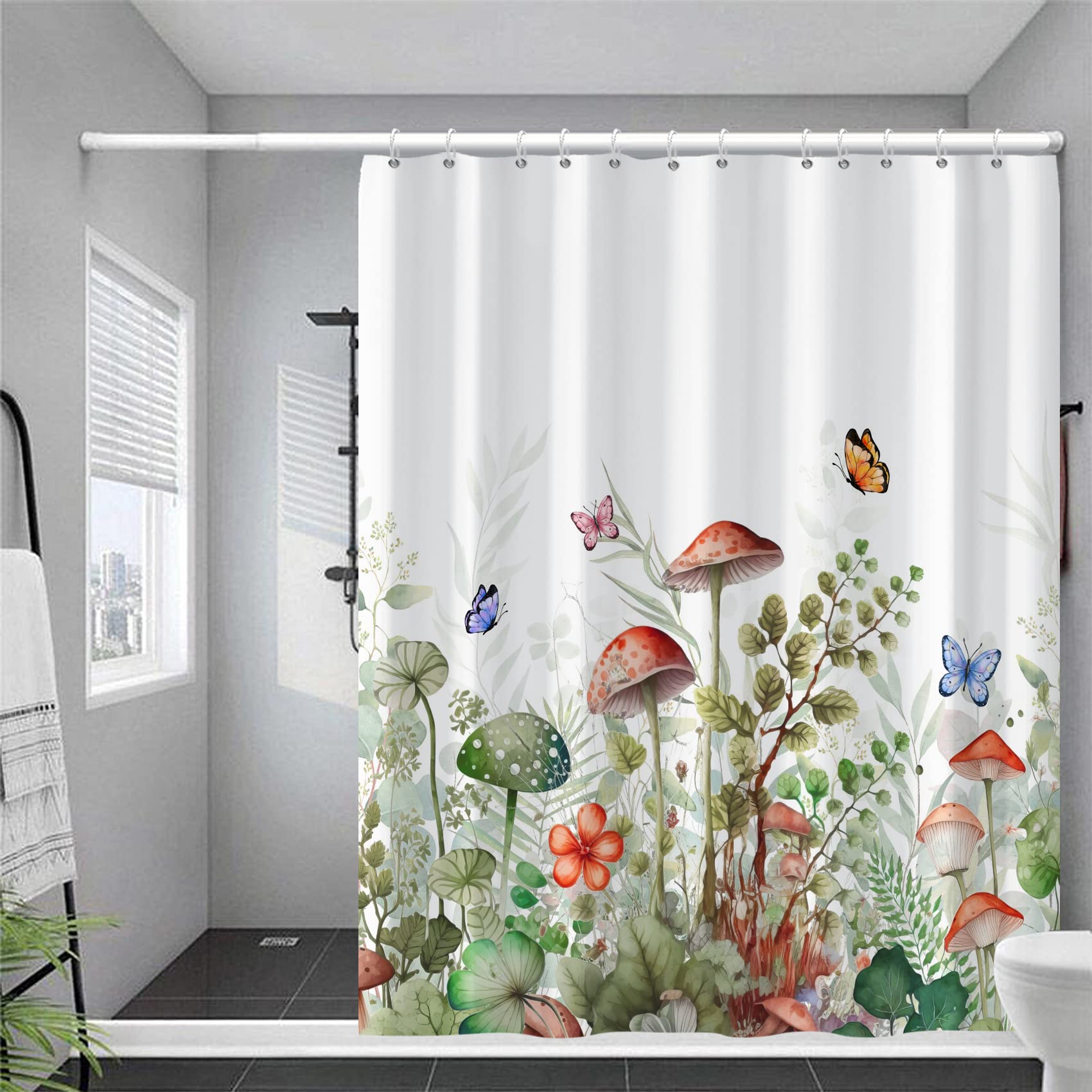 Ttincceer Mushroom Shower Curtain Wild Plant Red Mushroom Green Leaf Bath Curtain Colorful Butterfly Watercolor Botanical Flower Shower Curtains Waterproof Bathtub Curtain, 183x183cm