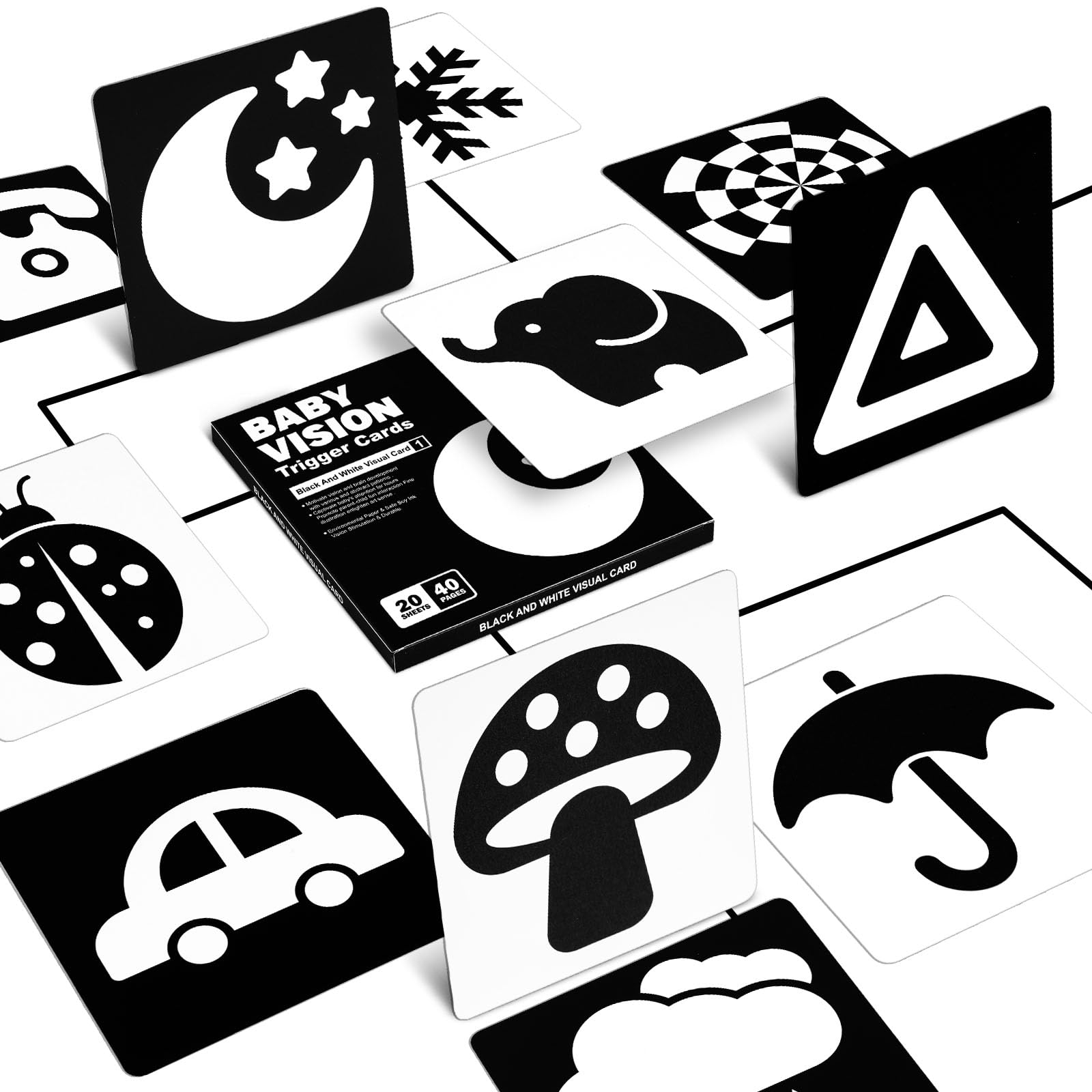 Aolso Baby Sensory Flash Cards, 20Pcs High Contrast Baby Flashcards, 40 Pictures Black And White Baby Sensory Cards for Visual Stimulation and Brain, Educational Infants Gift 0-3 Months