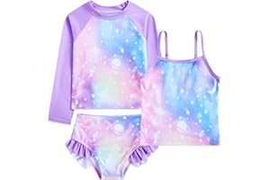 Funnycokid Girls Swimsuit 3 Pieces Long Sleeve Rash Guard Set Tankini Bathing Suits Summer Kids Swimwear 3-10 Years